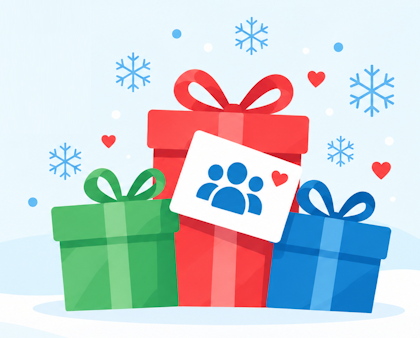 Wrapped holiday gift with blue ribbon