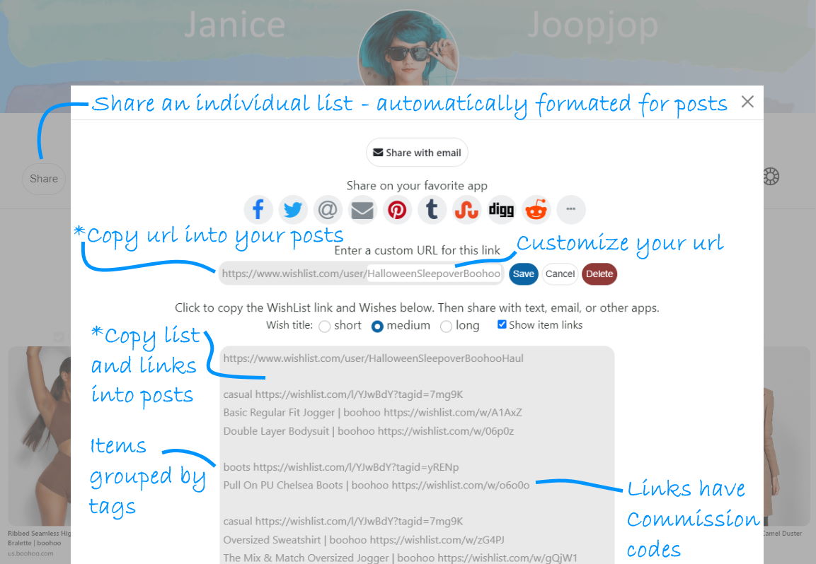 WishList's Share feature automatically formats links and text to copy