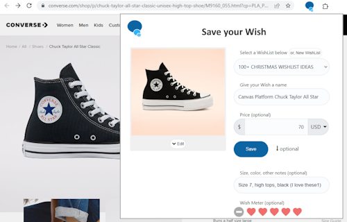 Saving a sneaker from Convers.com to a WishList on WishList.com